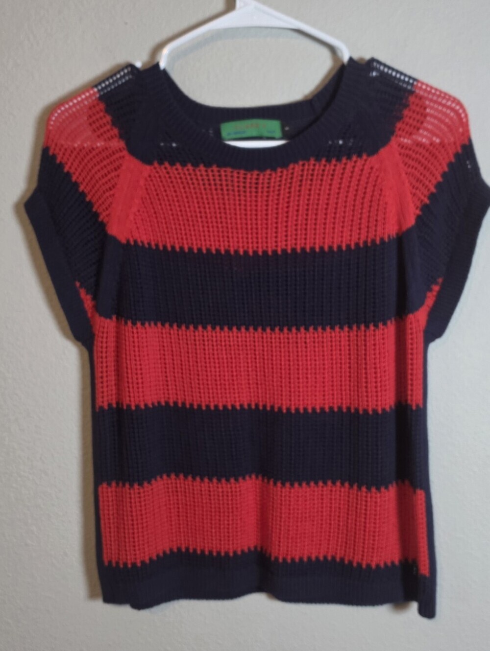 ​Clare V. Raglan Open Weave Sweater Vest Small Navy & Poppy Stripe Preppy - Picture 2 of 8